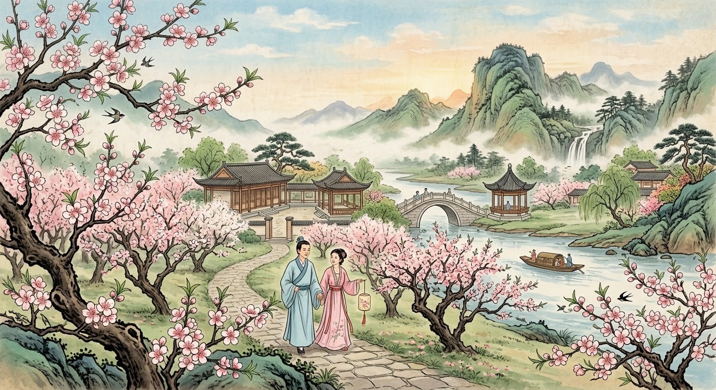 桃花、青绿山水与庭院